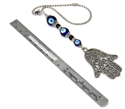 Evil Eye Protection 3 Blue Beads Hamsa Hand | Antique Silver Plated | Car Rearview Mirror Ornament |Good Luck |Numerology |Positive Vibes