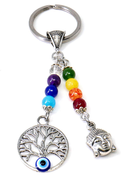 Seven Chakra, Evil Eye protection Buddha & Tree of Life Key Chain/Key Ring ,7 Chakra Healing Energy Key Ring,First Car Gift, Yoga Lover Gift