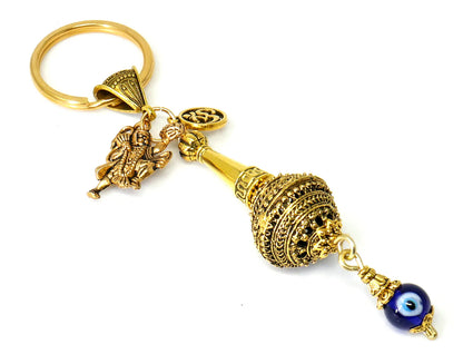 Lord Hanuman ji ke Gada and Charm Evil Eye Protection Blue Glass Bead-Rare to Find Combination in Key Ring for Home/ Car/ Office/ Business