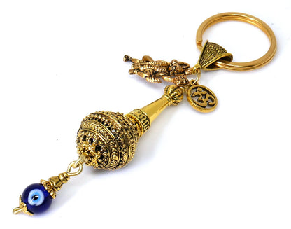 Lord Hanuman ji ke Gada and Charm Evil Eye Protection Blue Glass Bead-Rare to Find Combination in Key Ring for Home/ Car/ Office/ Business