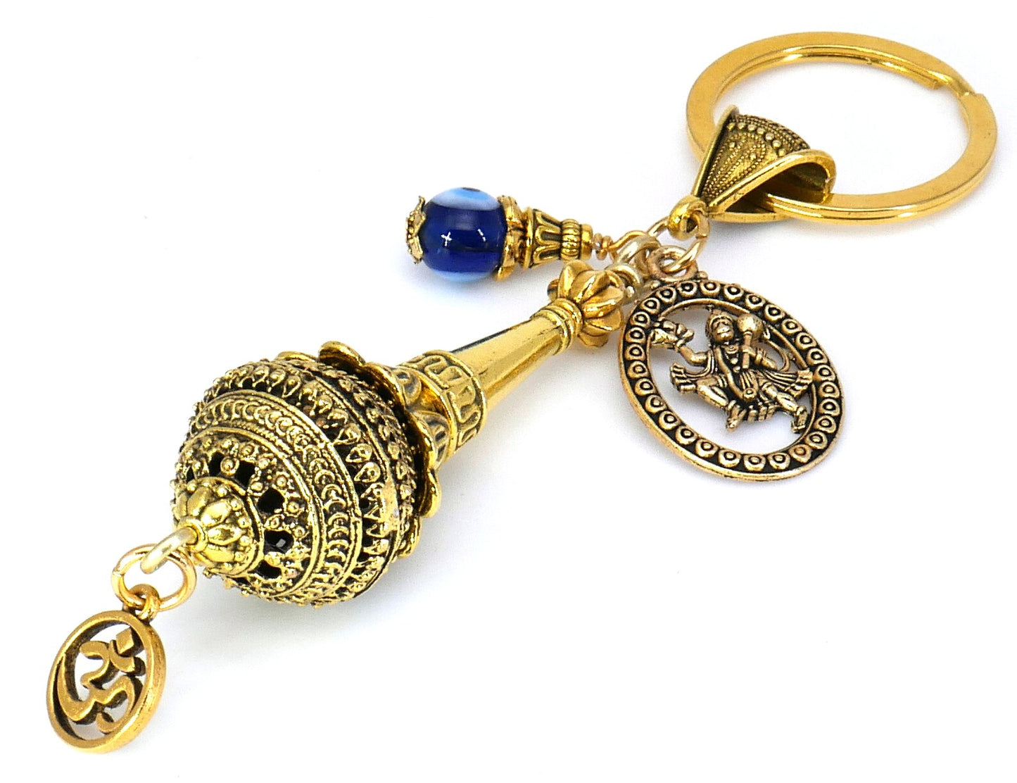 Lord Hanuman ji ke Gada and Charm Evil Eye Protection Blue Glass Bead-Rare to Find Combination in Key Ring for Home/ Car/ Office/ Business