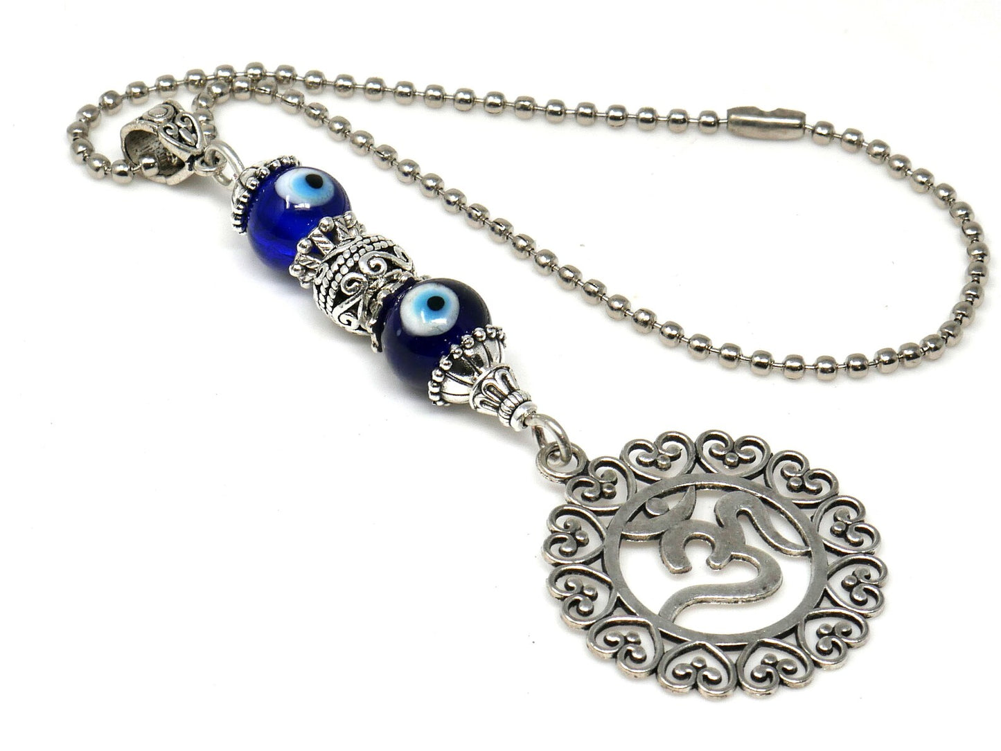 OM | Evil Eye Protection | Antique Silver Plated | Car Rearview Mirror Ornament | Good Luck | Positive Vibes | Positive Vibrations