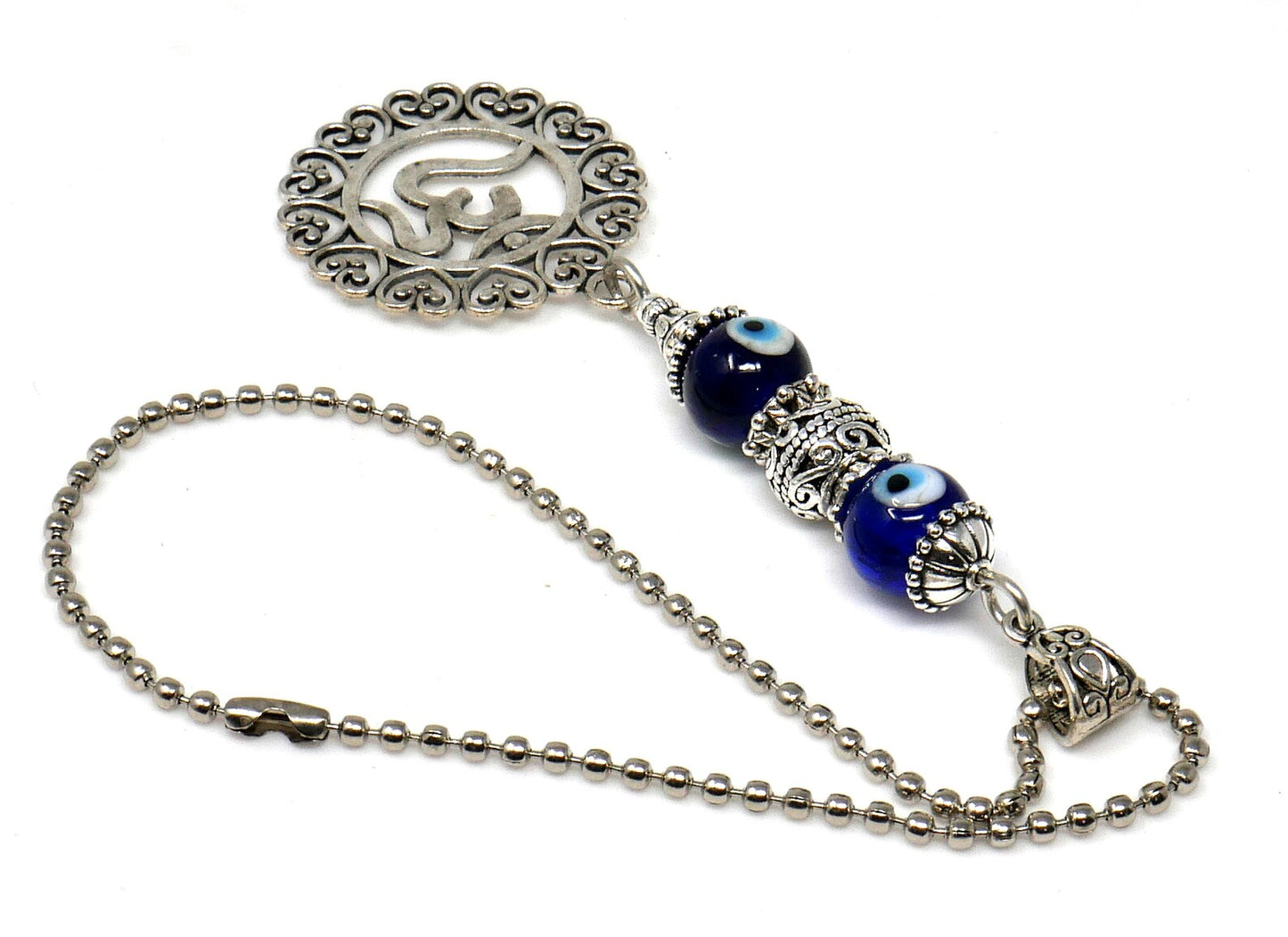 OM | Evil Eye Protection | Antique Silver Plated | Car Rearview Mirror Ornament | Good Luck | Positive Vibes | Positive Vibrations