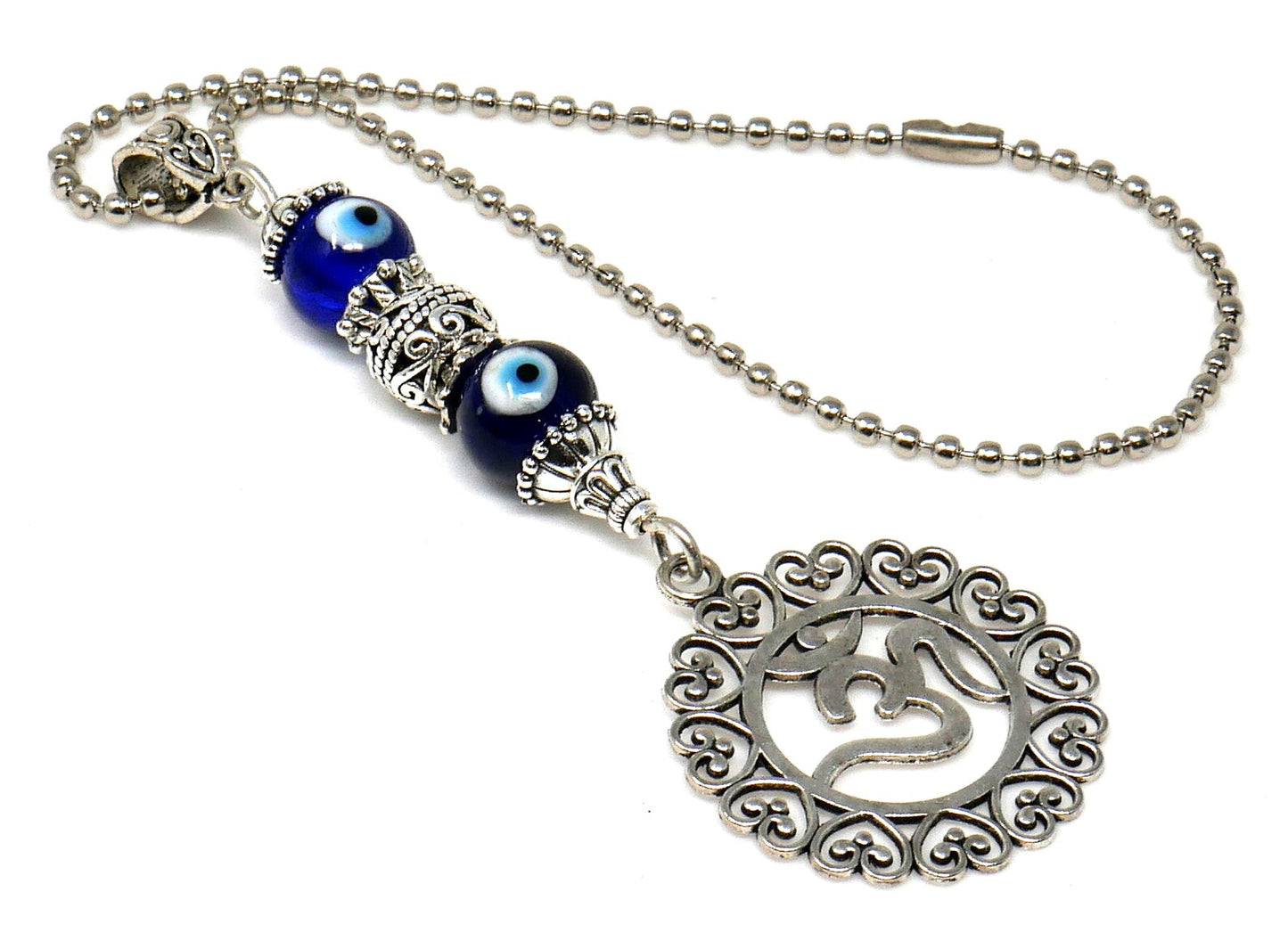 OM | Evil Eye Protection | Antique Silver Plated | Car Rearview Mirror Ornament | Good Luck | Positive Vibes | Positive Vibrations