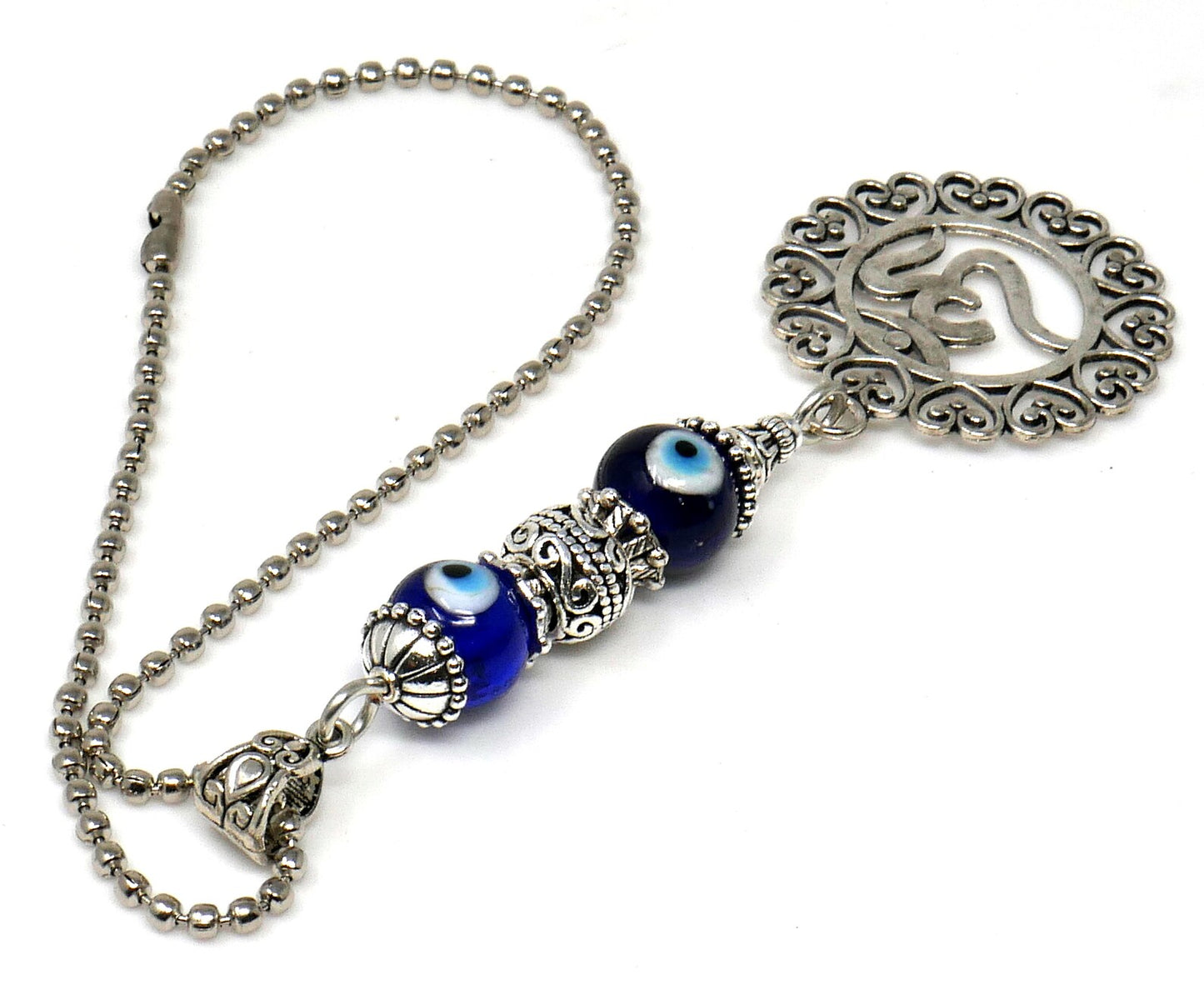 OM | Evil Eye Protection | Antique Silver Plated | Car Rearview Mirror Ornament | Good Luck | Positive Vibes | Positive Vibrations