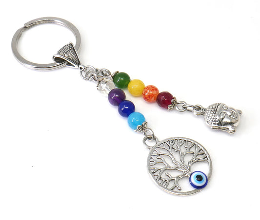 Seven Chakra, Evil Eye protection Buddha & Tree of Life Key Chain/Key Ring ,7 Chakra Healing Energy Key Ring,First Car Gift, Yoga Lover Gift