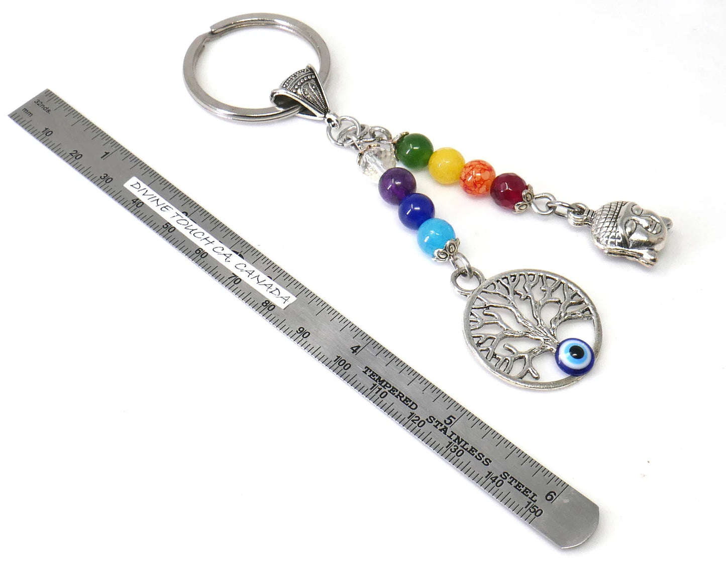 Seven Chakra, Evil Eye protection Buddha & Tree of Life Key Chain/Key Ring ,7 Chakra Healing Energy Key Ring,First Car Gift, Yoga Lover Gift