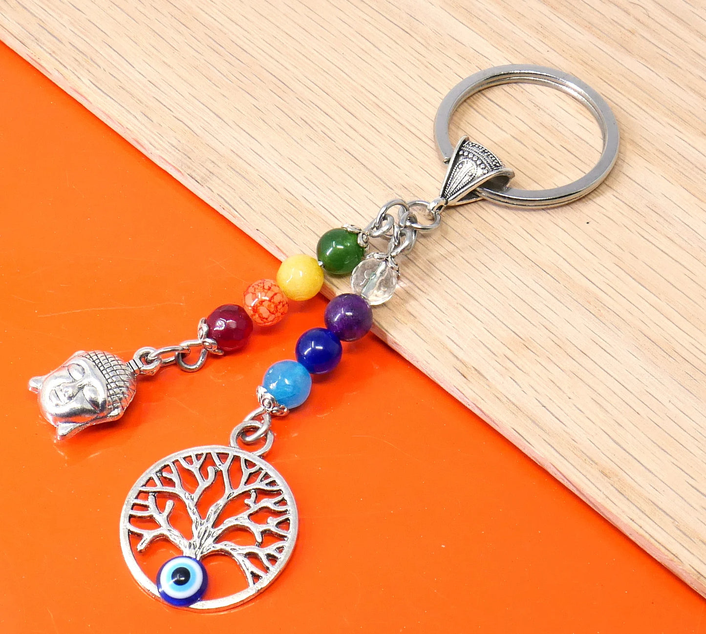 Seven Chakra, Evil Eye protection Buddha & Tree of Life Key Chain/Key Ring ,7 Chakra Healing Energy Key Ring,First Car Gift, Yoga Lover Gift