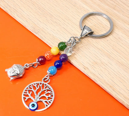 Seven Chakra, Evil Eye protection Buddha & Tree of Life Key Chain/Key Ring ,7 Chakra Healing Energy Key Ring,First Car Gift, Yoga Lover Gift