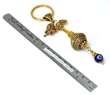 Lord Hanuman ji ke Gada and Charm Evil Eye Protection Blue Glass Bead-Rare to Find Combination in Key Ring for Home/ Car/ Office/ Business