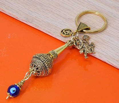 Lord Hanuman ji ke Gada and Charm Evil Eye Protection Blue Glass Bead-Rare to Find Combination in Key Ring for Home/ Car/ Office/ Business