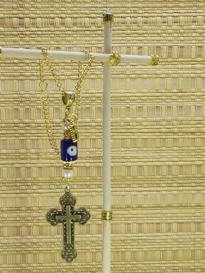 Holy Cross Pendant | Blue Glass Beads | Evil Eye Protection | Antique Gold Plated | Car Rearview Mirror Ornament | Blessings | Faith | Hope