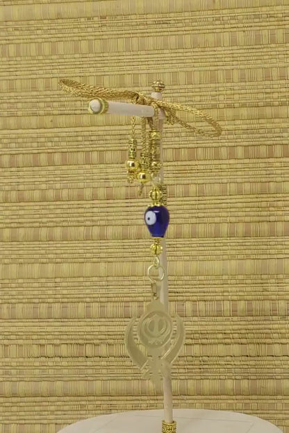 Golden Khanda Car Hanging Ornament, Sikh Evil Eye Protection, Rearview Mirror Charm, Spiritual Vastu Amulet, Gold Plated Religious Decor