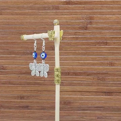 Evil Eye Protection | Butterfly | Glass Bead | Silver Earring Dangle Jewelry | Good Luck | Positive Vibes | Freedom | Transcendence | Grace